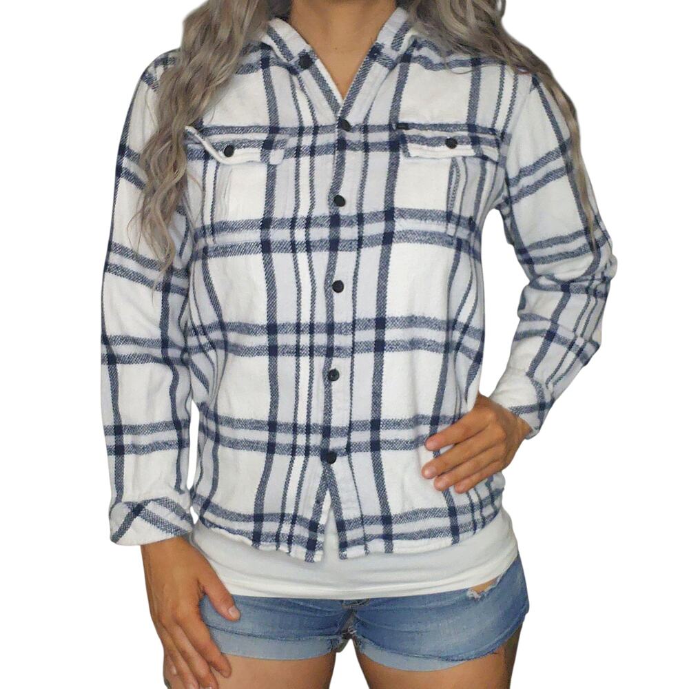 Quicksilver Flannel Shirt Kids XL 20 Plaid White Navy Blue Button Up Hoodie